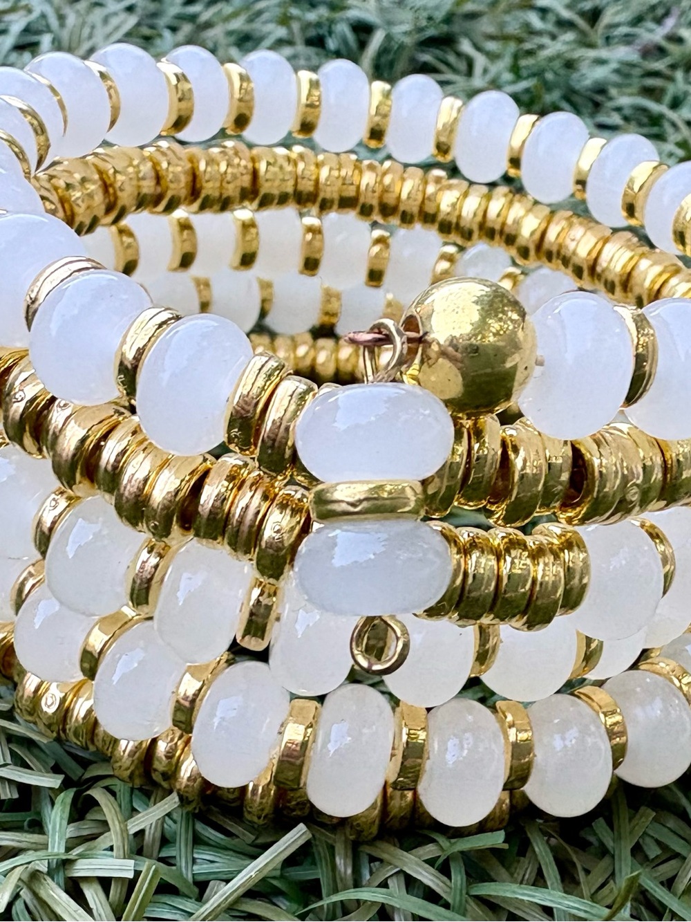 Elegant White & Gold Beaded Coil Bracelet - Women Jewelry